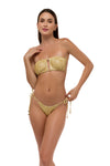 Model in gold metallic ruched bikini bottoms