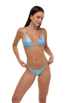 Model in blue metallic tanga bikini bottoms